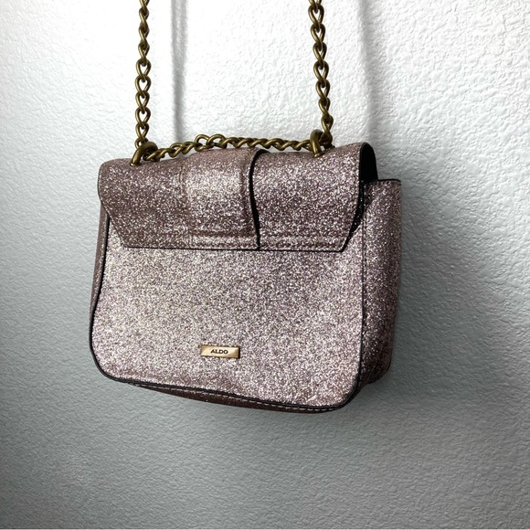Aldo Glitter Shining Crossbody Bag Pink Silver Embellished Snap Closure 9x7" - Picture 10 of 16